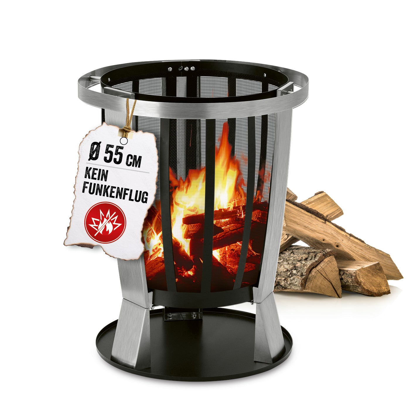 Feuerkorb Classic mit Edelstahl-Tragerand und Meshgitter misst 55 cm, verhindert Funkenflug, für optimale Holzaufstellung.