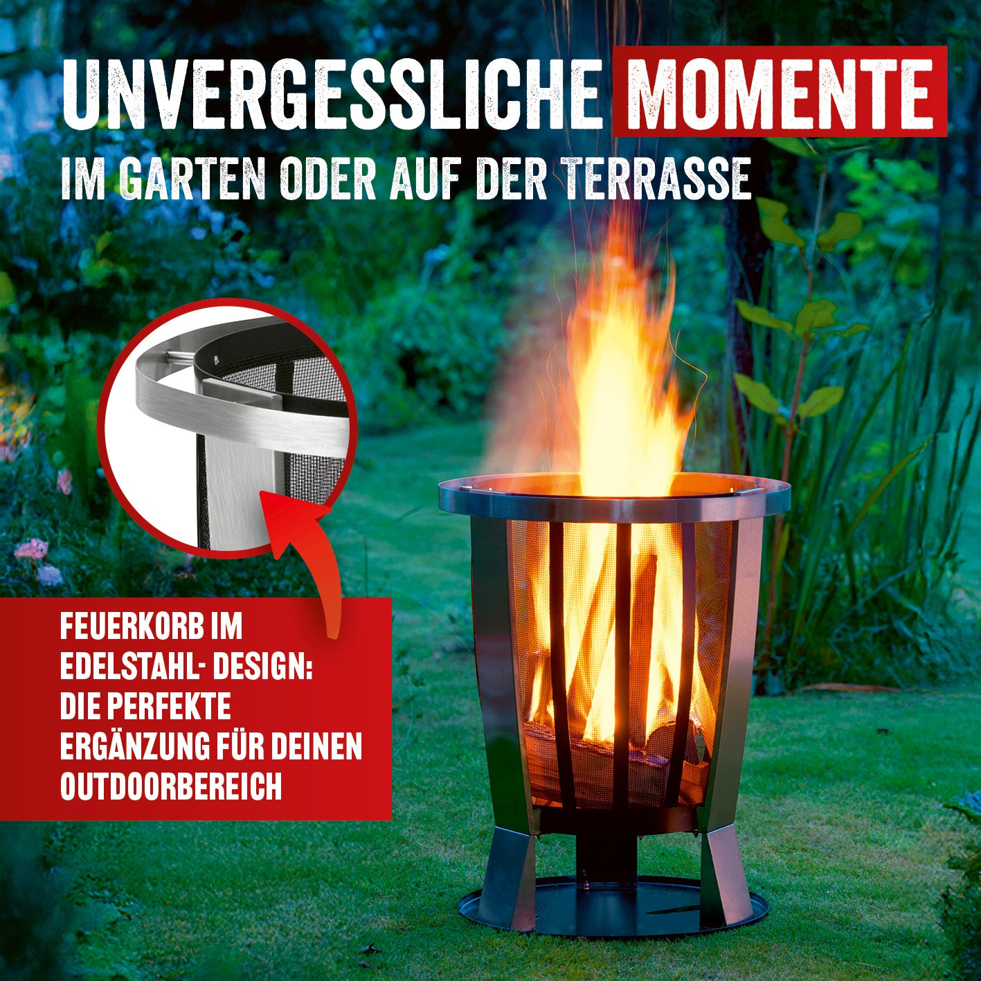 Feuerkorb Classic mit Edelstahlrand und Meshgitter, ideal für Garten und Terrasse, schützt vor Funkenflug und optimiert Holzpositionierung.