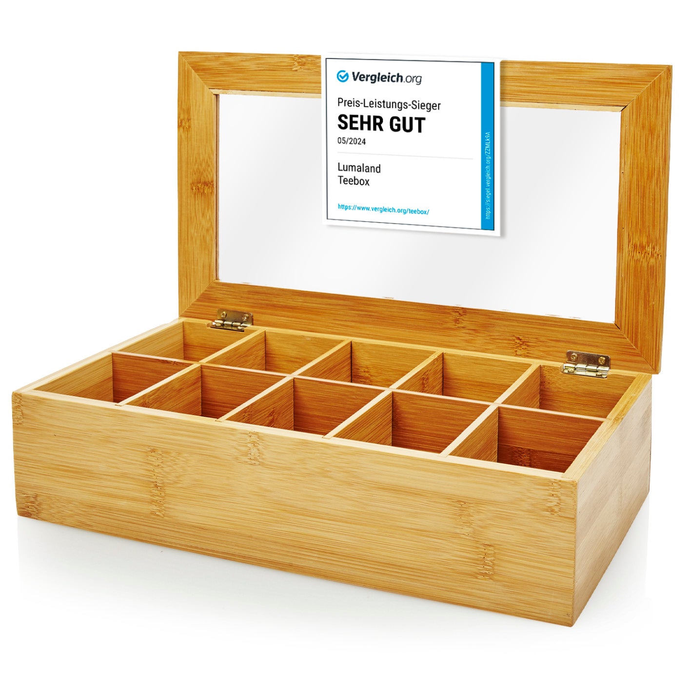 Cuisine Teebox aus Bambus mit 10 Fächern, transparentem Deckel und nachhaltigem Design zur Aufbewahrung von Teebeuteln.