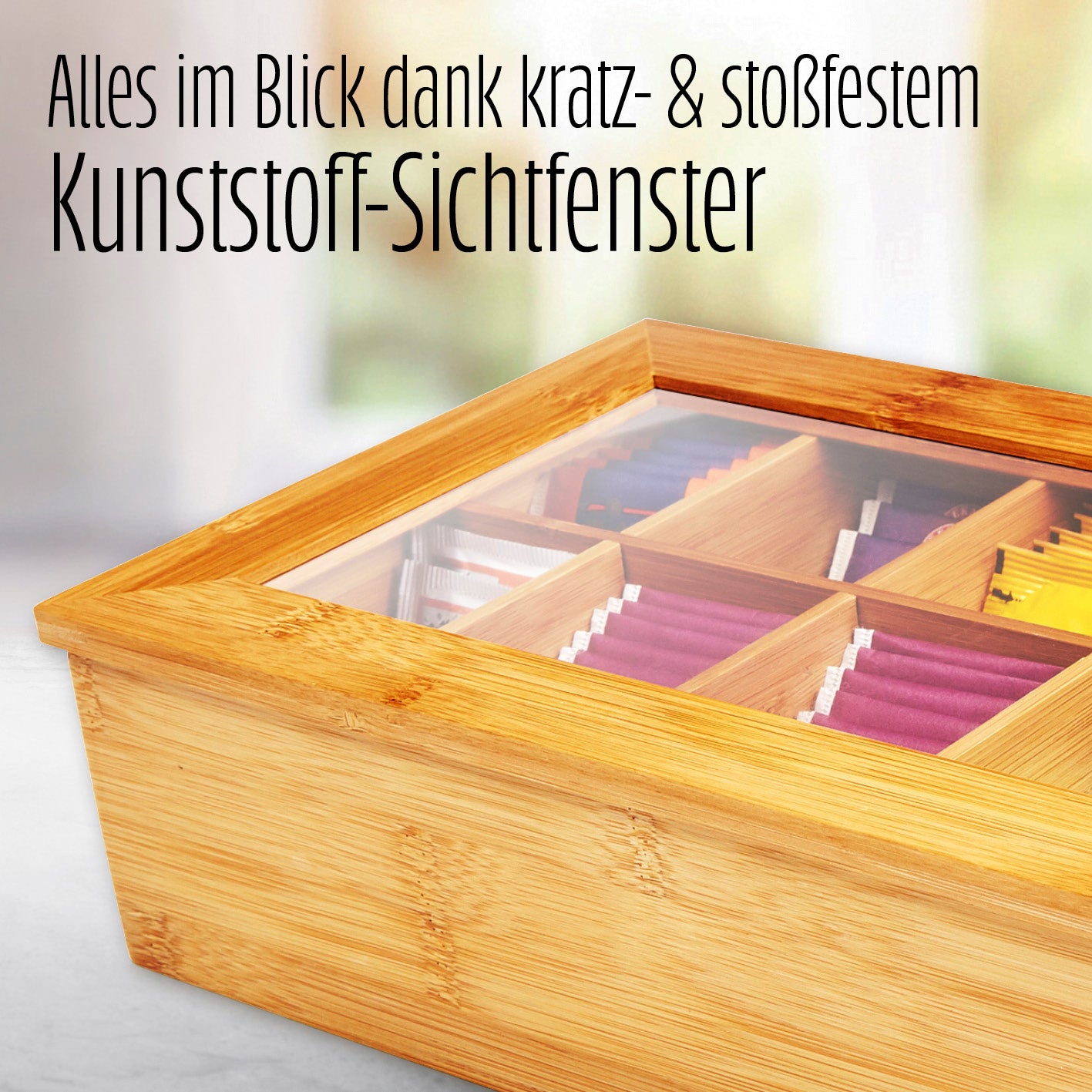 Cuisine Teebox aus Bambus mit 10 Fächern, kratzfestem Kunststoff-Sichtfenster und Deckel zur praktischen Teeaufbewahrung.