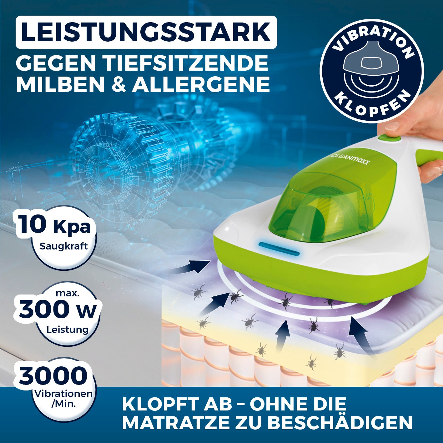 Milbensauger Vibration - weiß/limegreen mit 10 kPa Saugkraft, 300 Watt, 3000 Vibrationen/min zur effizienten Milben- und Allergentfernung.