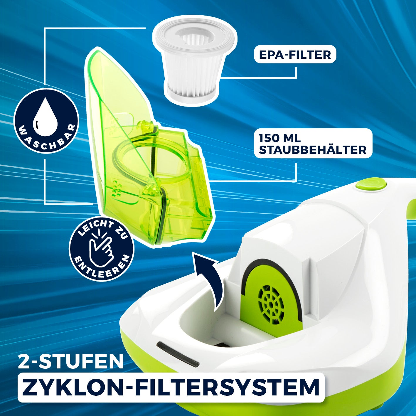 Milbensauger Vibration - weiß/limegreen mit 2-Stufen Zyklon-Filtersystem, EPA-Filter und 150 ml abnehmbaren Staubbehälter.