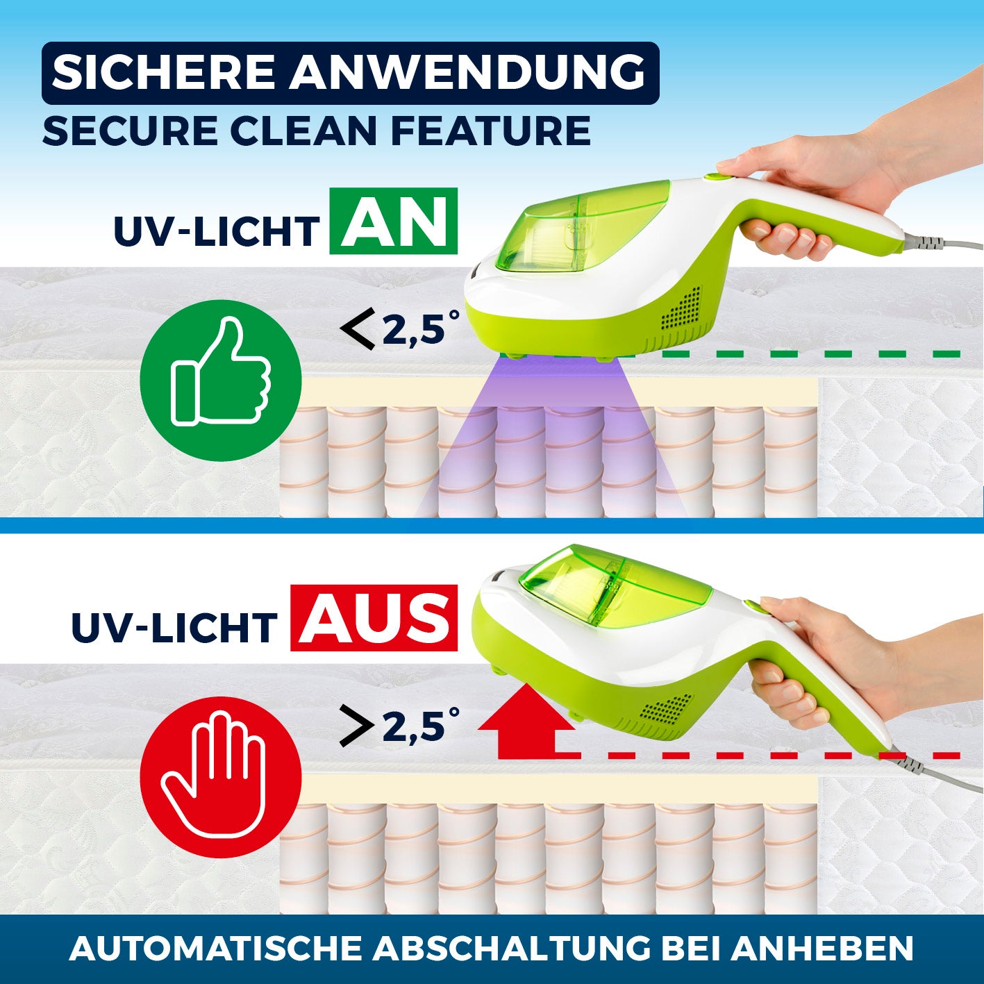 Milbensauger Vibration - weiß/limegreen mit automatischer UV-C-Licht-Abschaltung für sichere Milbenentfernung bei Kontakt.