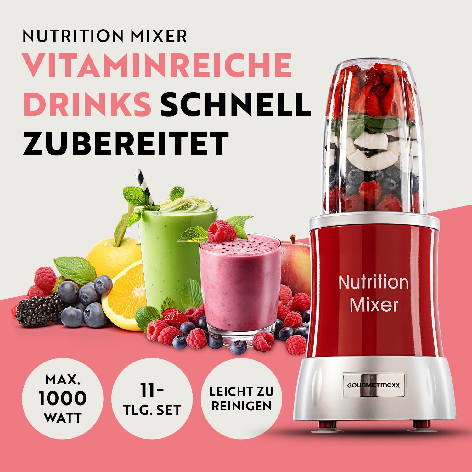 Nutrition Mixer Rot/Silber mit 1000 Watt, 11-tlg. Set für schnelle Zubereitung von vitaminreichen Drinks und einfache Reinigung.