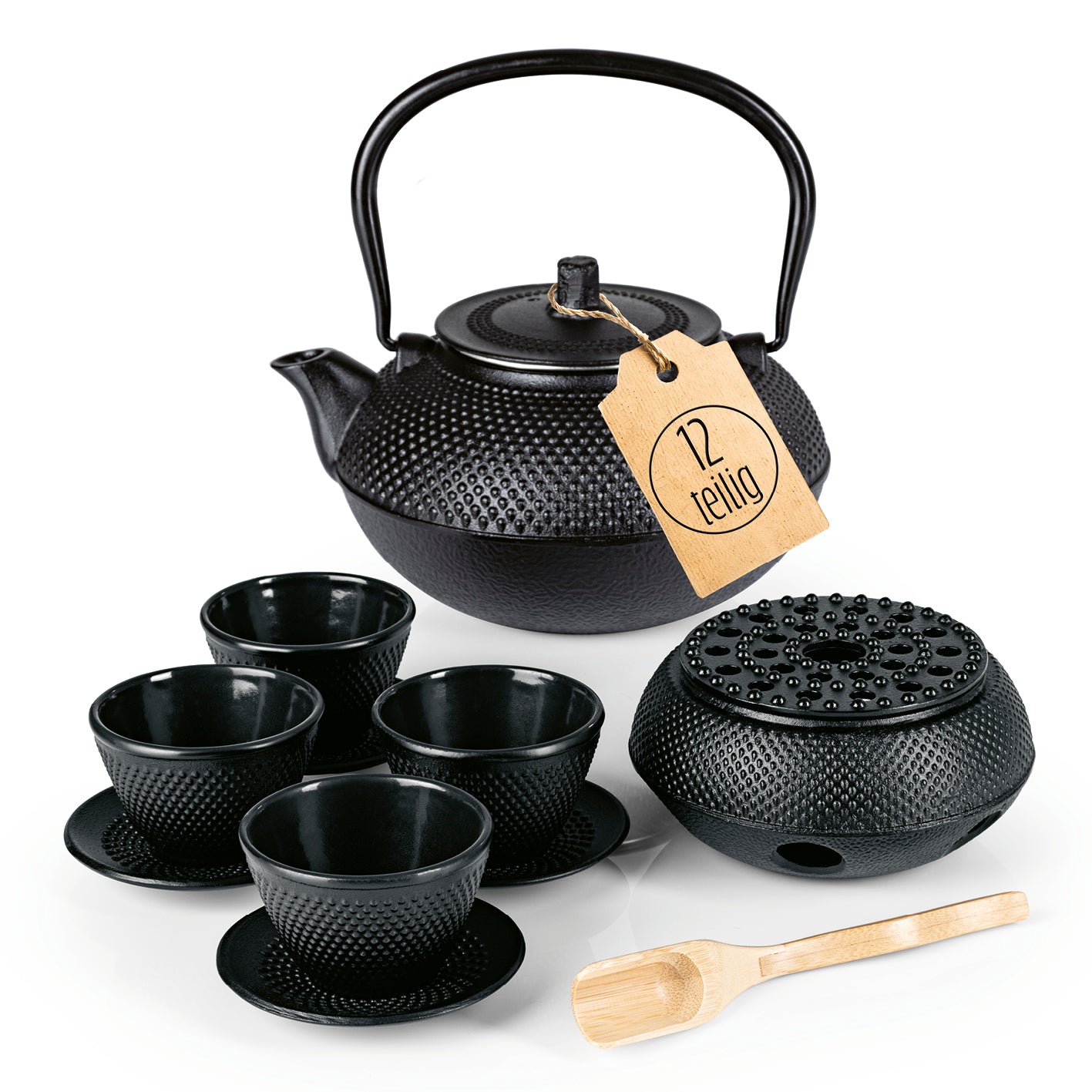 Tee Set 12-teilig aus Gusseisen mit Teekanne, 4 Bechern, Untersetzern, Stövchen und Bambuslöffel für asiatischen Teegenuss.