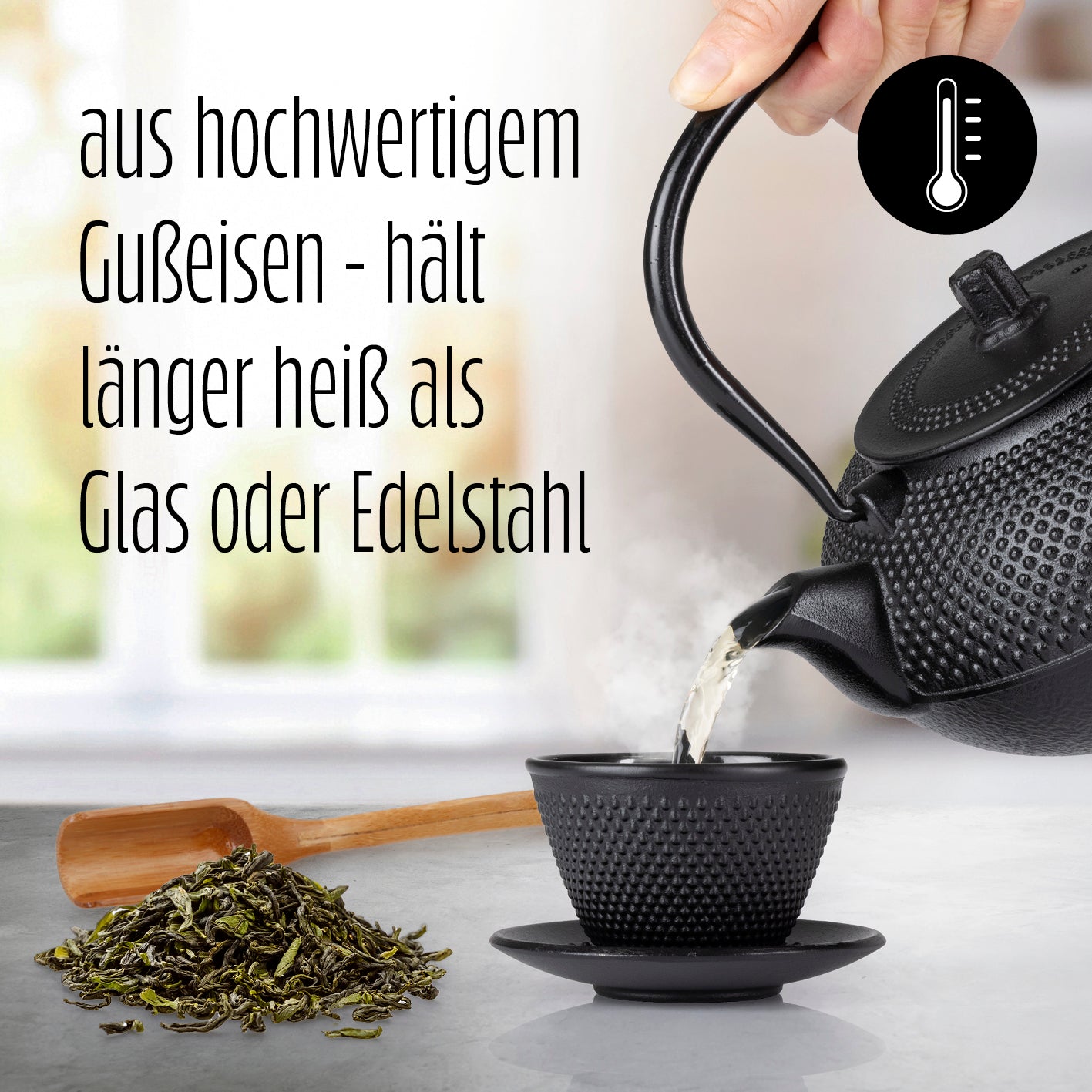 Tee Set 12-teilig aus Gusseisen mit edler Teekanne und Bechern, die länger heiß halten als Glas oder Edelstahl.