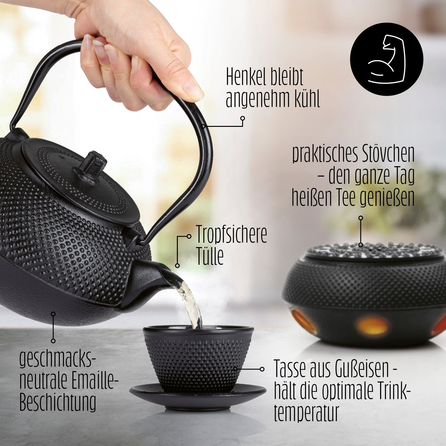 Tee Set 12-teilig aus Gusseisen mit hitzebeständigem Henkel, tropfsicherer Tülle, emaillierter Beschichtung und praktischem Stövchen.
