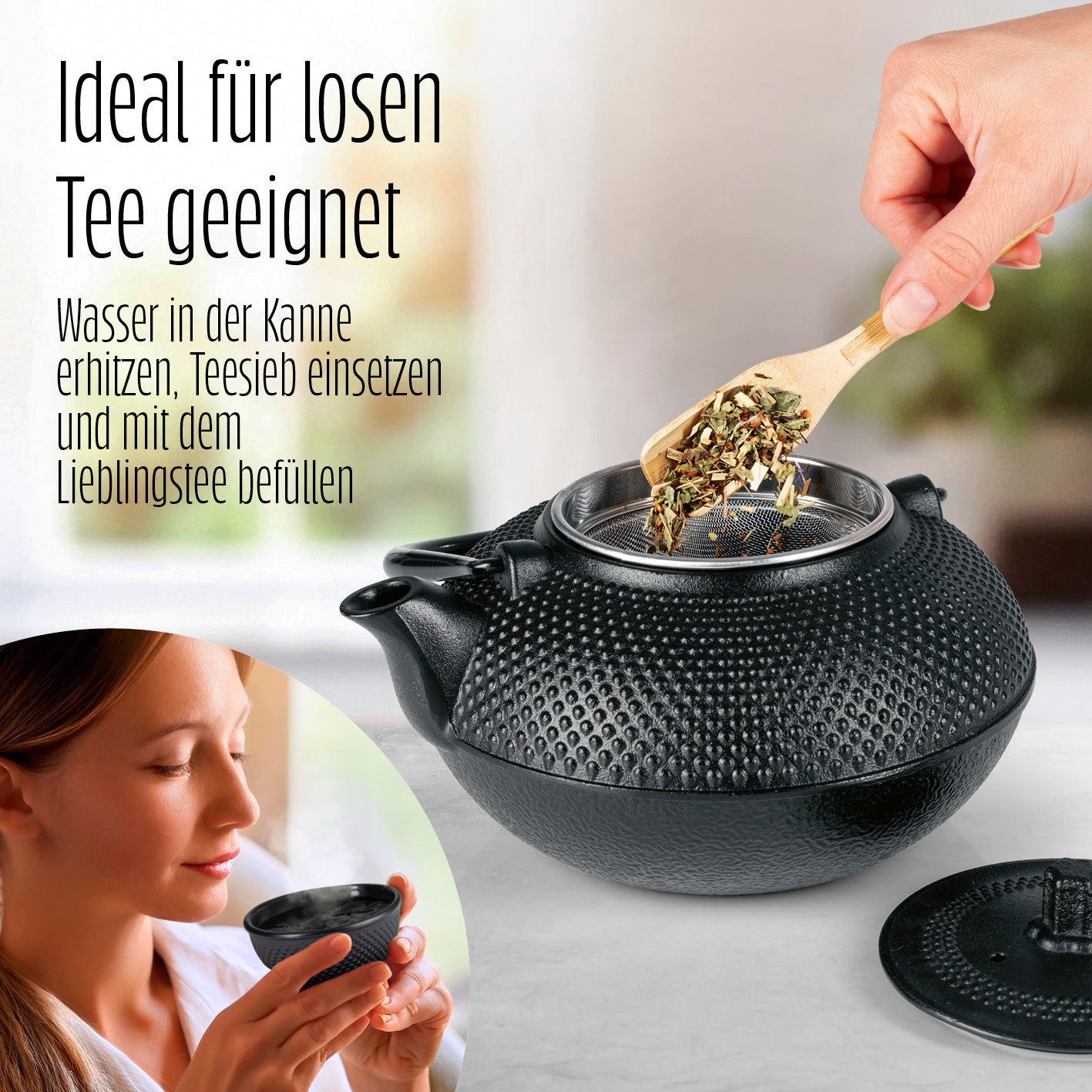 Tee Set 12-teilig aus Gusseisen von Lumaland mit Teekanne, Sieb und Zubehör für asiatischen Teegenuss bei losem Tee.