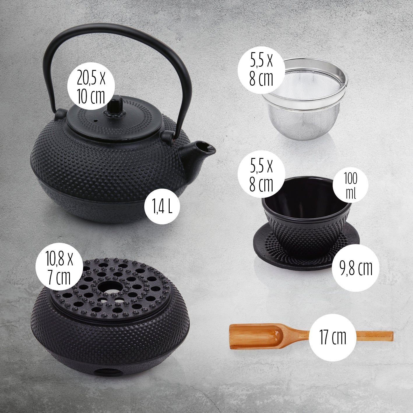 Tee Set 12-teilig aus Gusseisen mit 1,4 l Kanne, Edelstahl-Sieb, Bambuslöffel und Stövchen für asiatischen Teegenuss