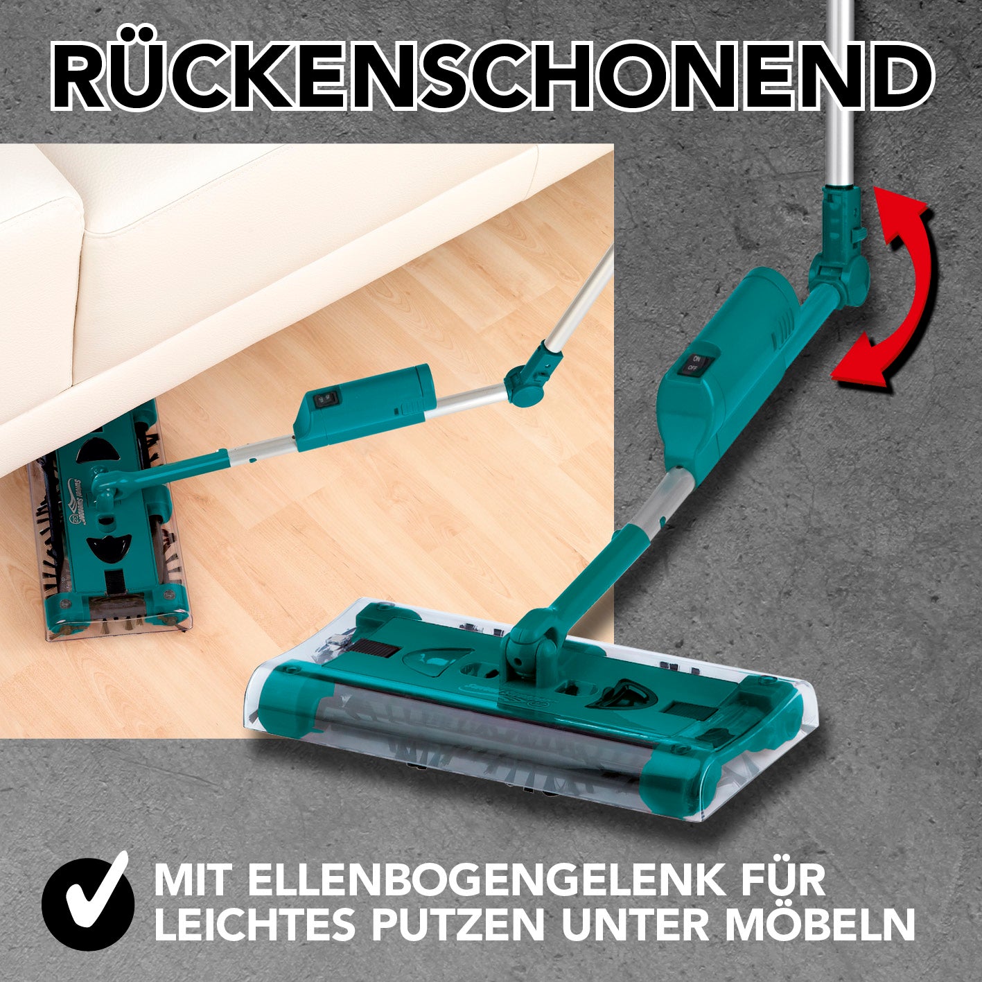 Swivel Sweeper G 2 Akkubesen kabellos mit Knickgelenk für rückenschonendes und flexibles Putzen unter Möbeln.