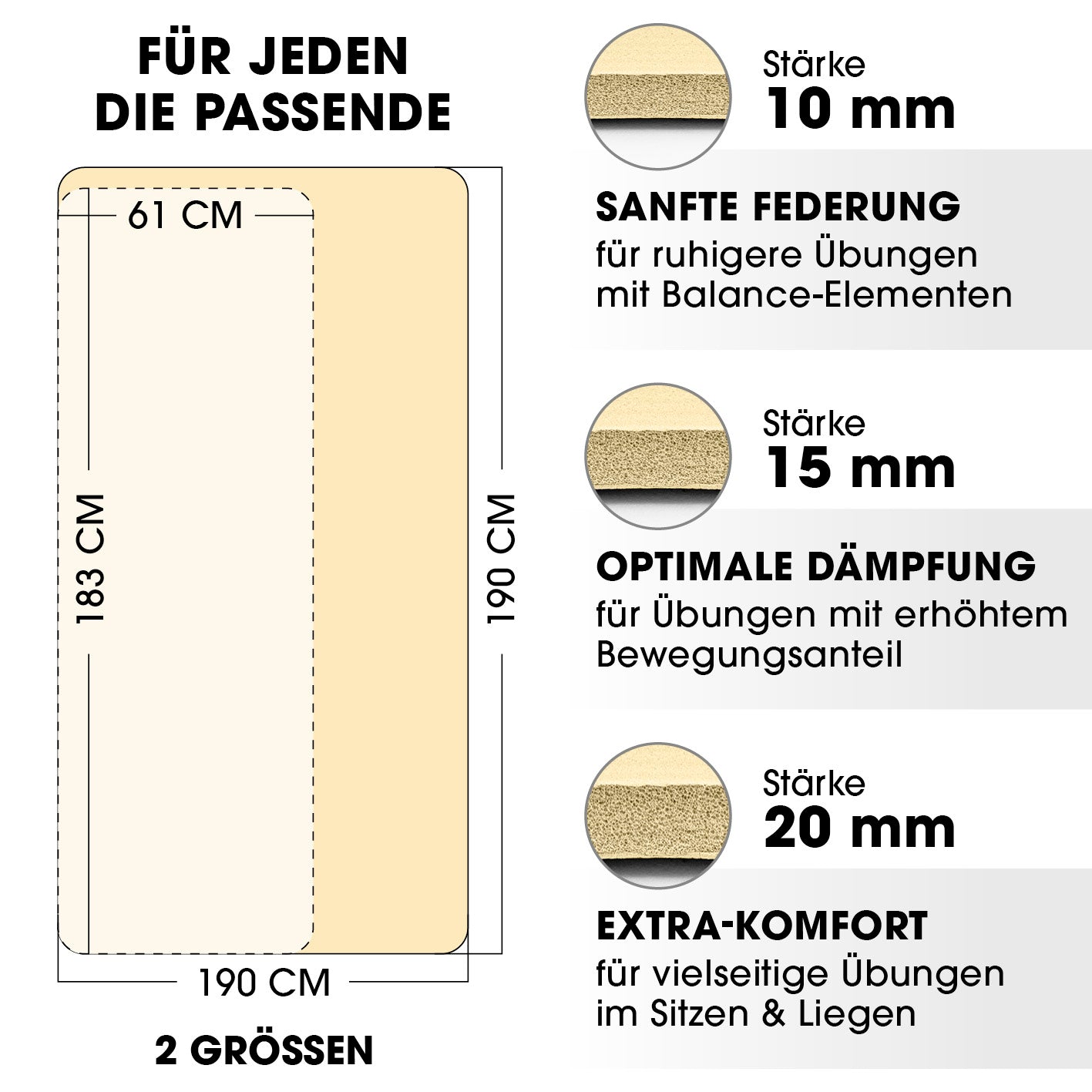 Fitness- und Gymnastikmatte - 190 x 100 x 1 cm - Hell Beige mit rutschfestem, robustem Material für vielfältige Fitnessübungen.
