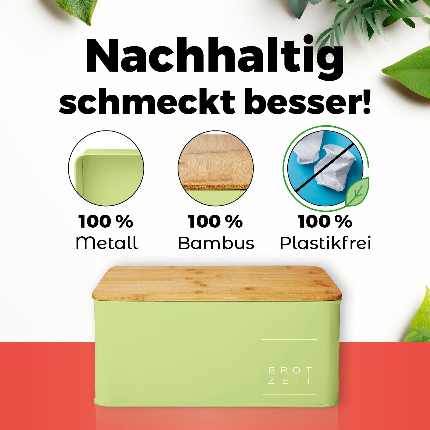Cuisine Brotkasten aus Metall mit Bambus Deckel mintgrün, rechteckig, platzsparend, nachhaltig, mit Brotzeit-Schriftzug, multifunktional als Schneidebrett.