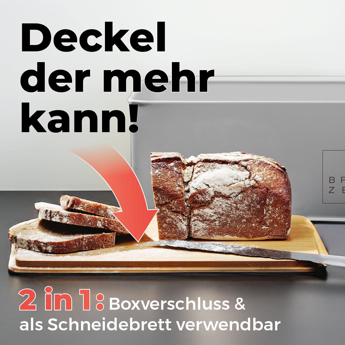 Cuisine Brotkasten aus Metall mit Bambus Deckel - Rechteckig 30,5 x 23,5 x 14 cm - Deckel als Schneidebrett und Brotboxverschluss.