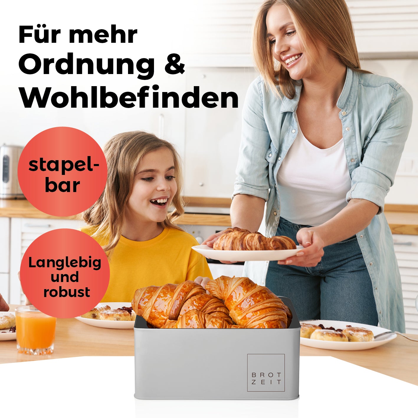 Cuisine Brotkasten aus Metall mit Bambus Deckel rechteckig 30,5x23,5x14 cm hellgrau, platzsparend und mit praktischem Schneidebrettdeckel.