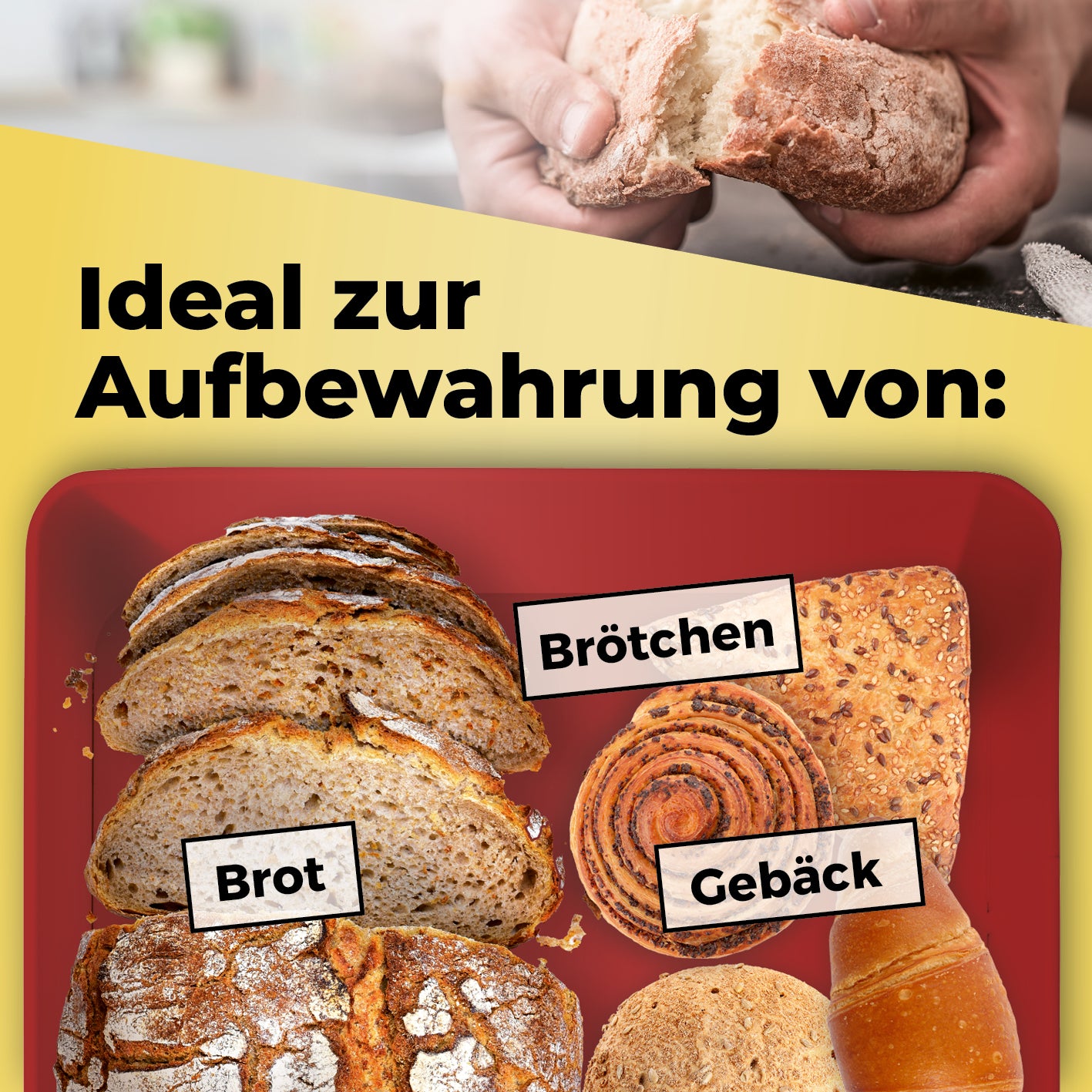 Cuisine Brotkasten aus Metall mit Bambus Deckel - Rechteckig 30,5 x 23,5 x 14 cm - Rot, ideal zur Aufbewahrung von Brot, Brötchen und Gebäck.