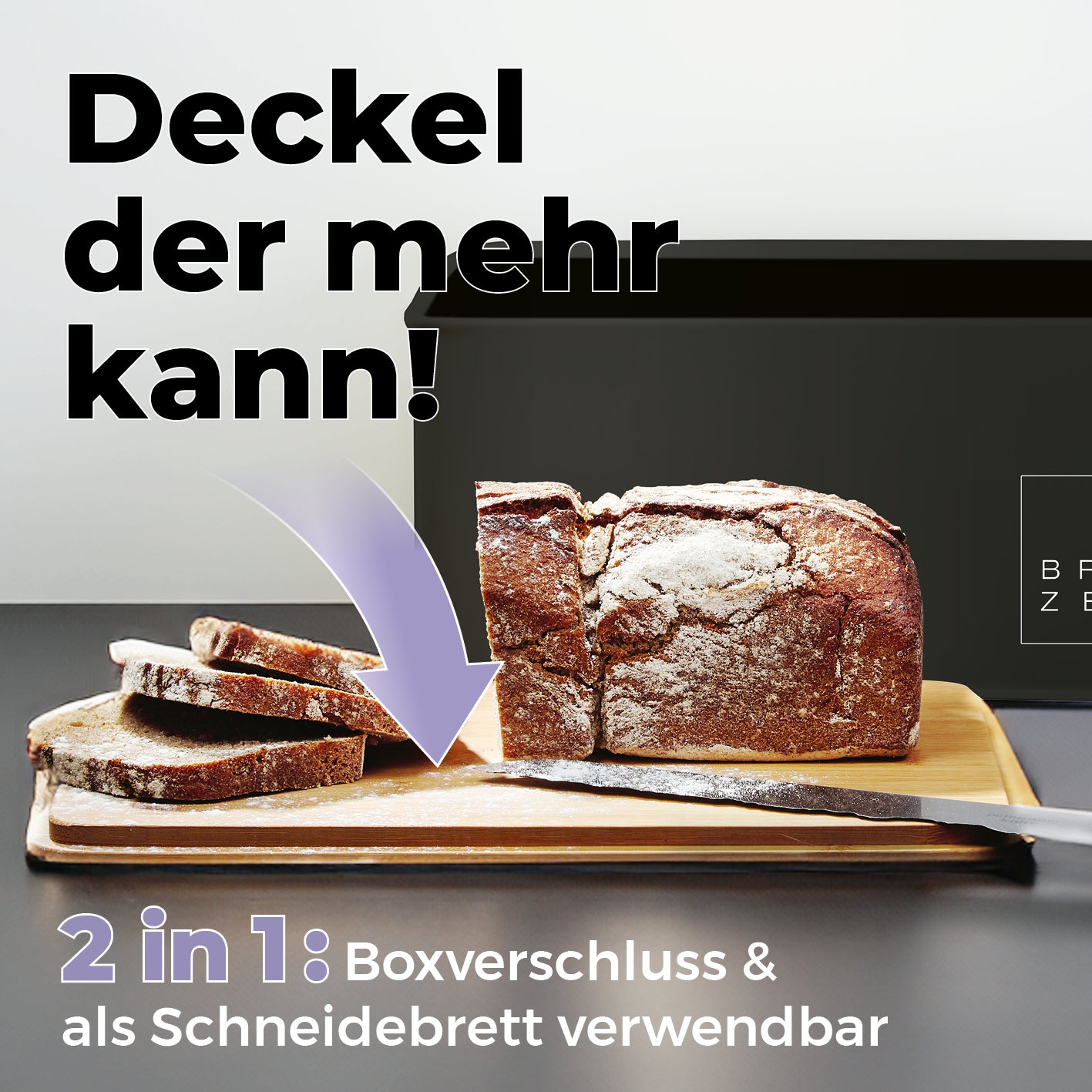 Cuisine Brotkasten aus Metall mit Bambus Deckel - Rechteckig 30,5 x 23,5 x 14 cm - Schwarz mit multifunktionalem Bambusdeckel als Schneidebrett.