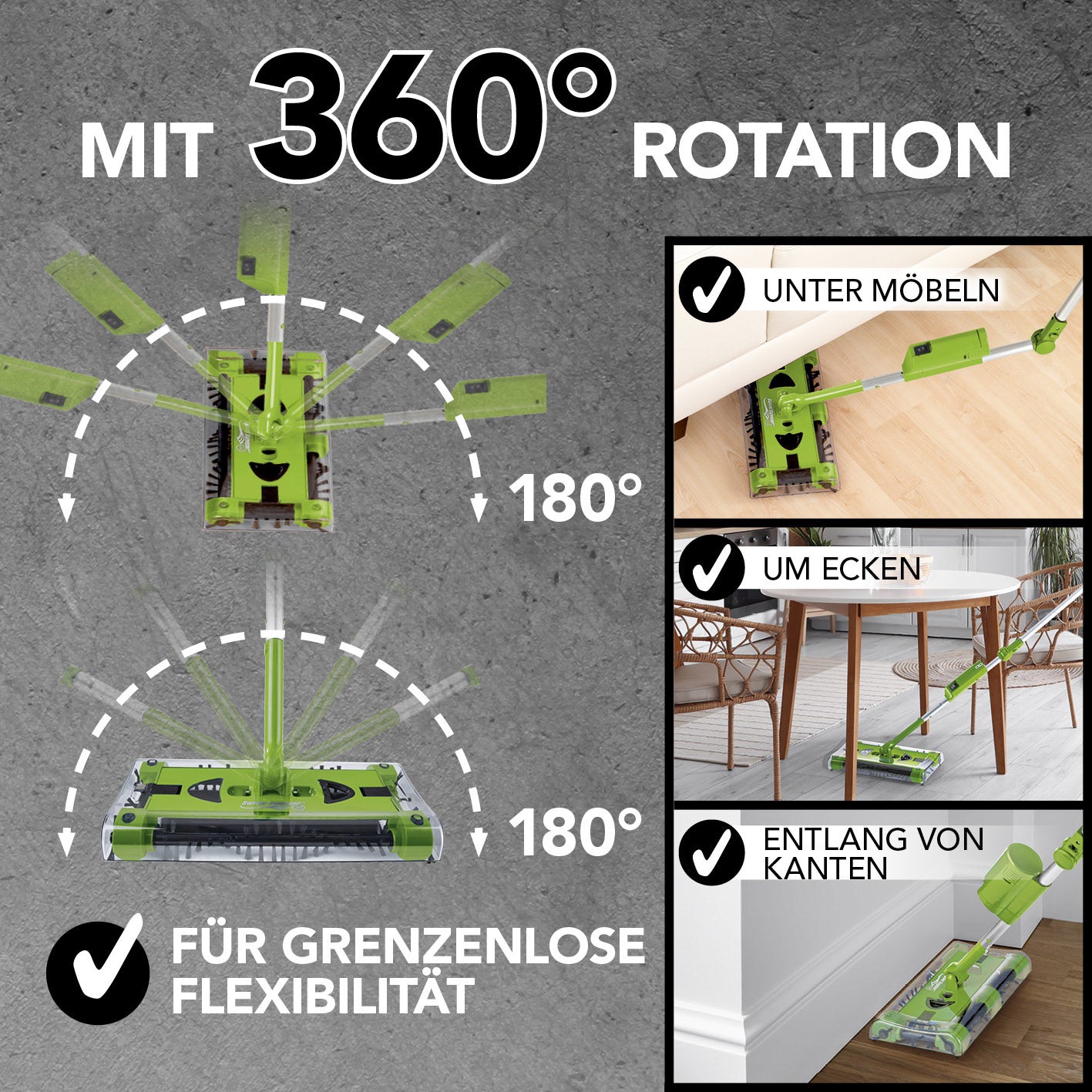 Swivel Sweeper G 2 Akkubesen kabellos Limegreen mit 360° Rotation für flexible Reinigung unter Möbeln, an Ecken und Kanten.