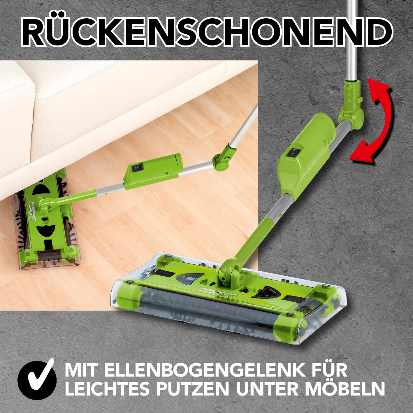 Swivel Sweeper G 2 Akkubesen kabellos in Limettengrün mit Knickgelenk für rückenschonendes Reinigen unter Möbeln.