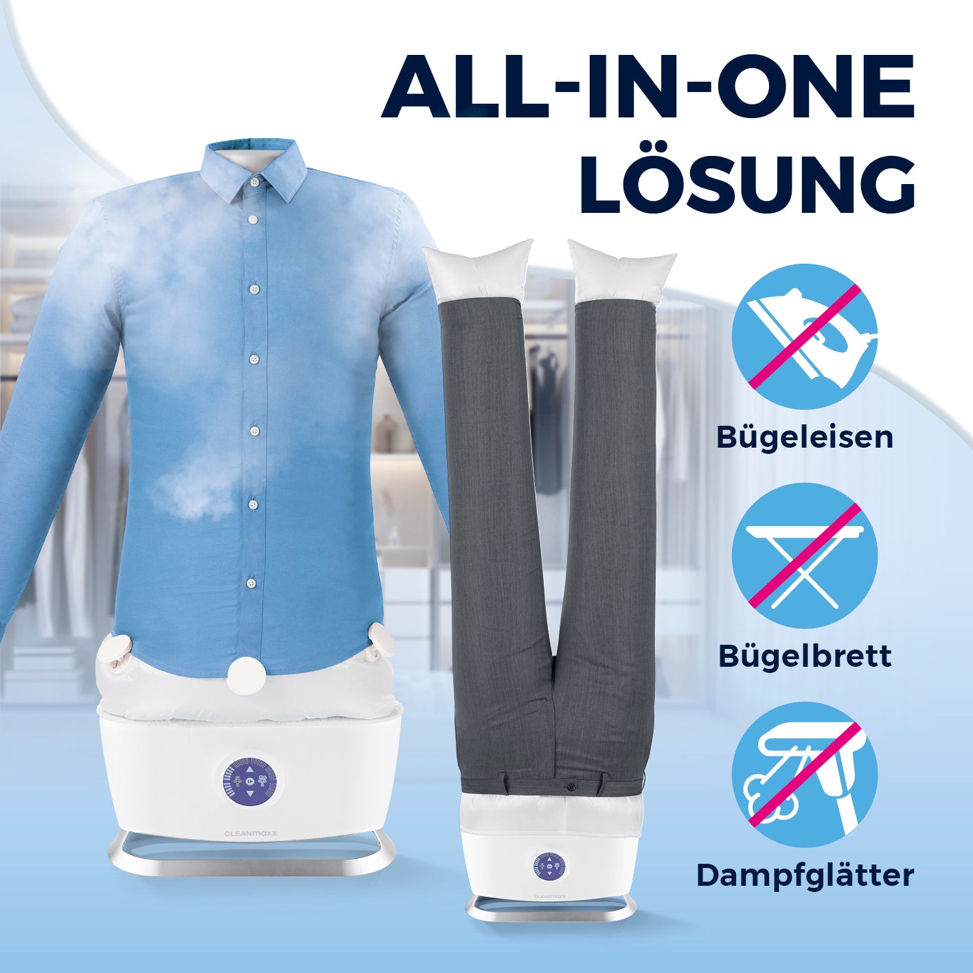 Hemdenbügler PRO STEAM mit Hosenaufsatz – vollautomatisches Trocknen, Bügeln und Auffrischen ohne Bügeleisen und Dampfbügelglätter.