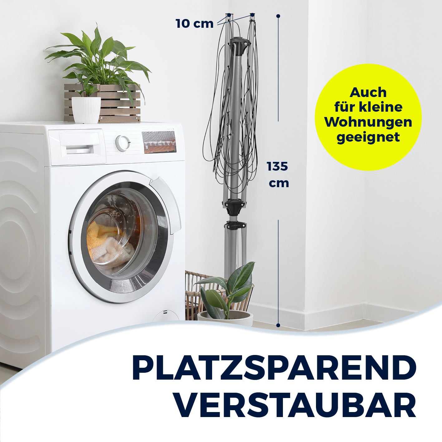 Wäschespinne 1600 kompakt und platzsparend zusammenklappbar, ideal für kleine Wohnungen und Balkone, nur 10 cm breit verstaut.
