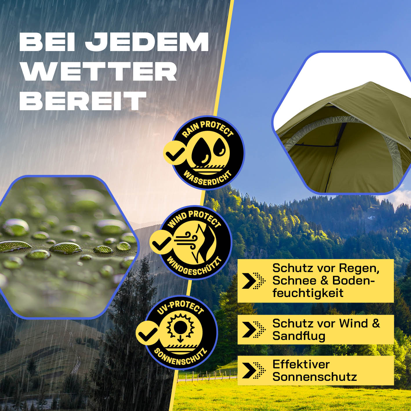 Pop up Wurfzelt für 3 Personen - Grün, wasserdicht, windgeschützt und mit effektivem Sonnenschutz für alle Wetterbedingungen.