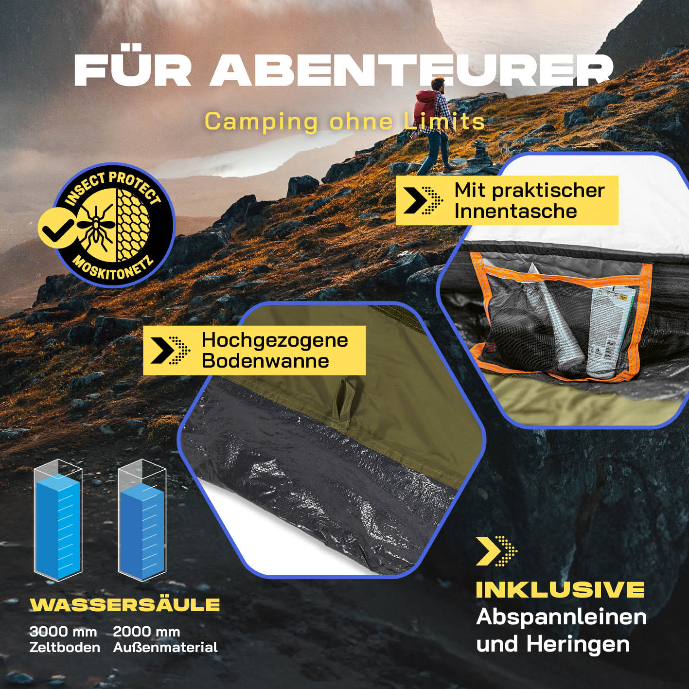 Pop up Wurfzelt für 3 Personen - Grün mit praktischer Innentasche, hochgezogener Bodenwanne und inklusive Abspannleinen und Heringen