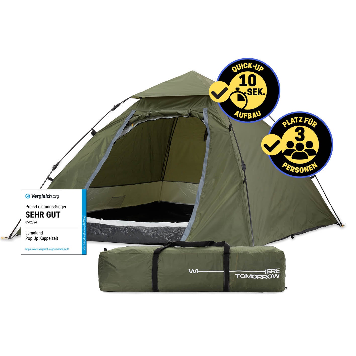 Pop up Kuppelzelt für 3 Personen - Grün, leicht, schnell aufgebaut in 10 Sekunden, wetterfest, ideal für Outdoor und Reisen von WHERE TOMORROW.