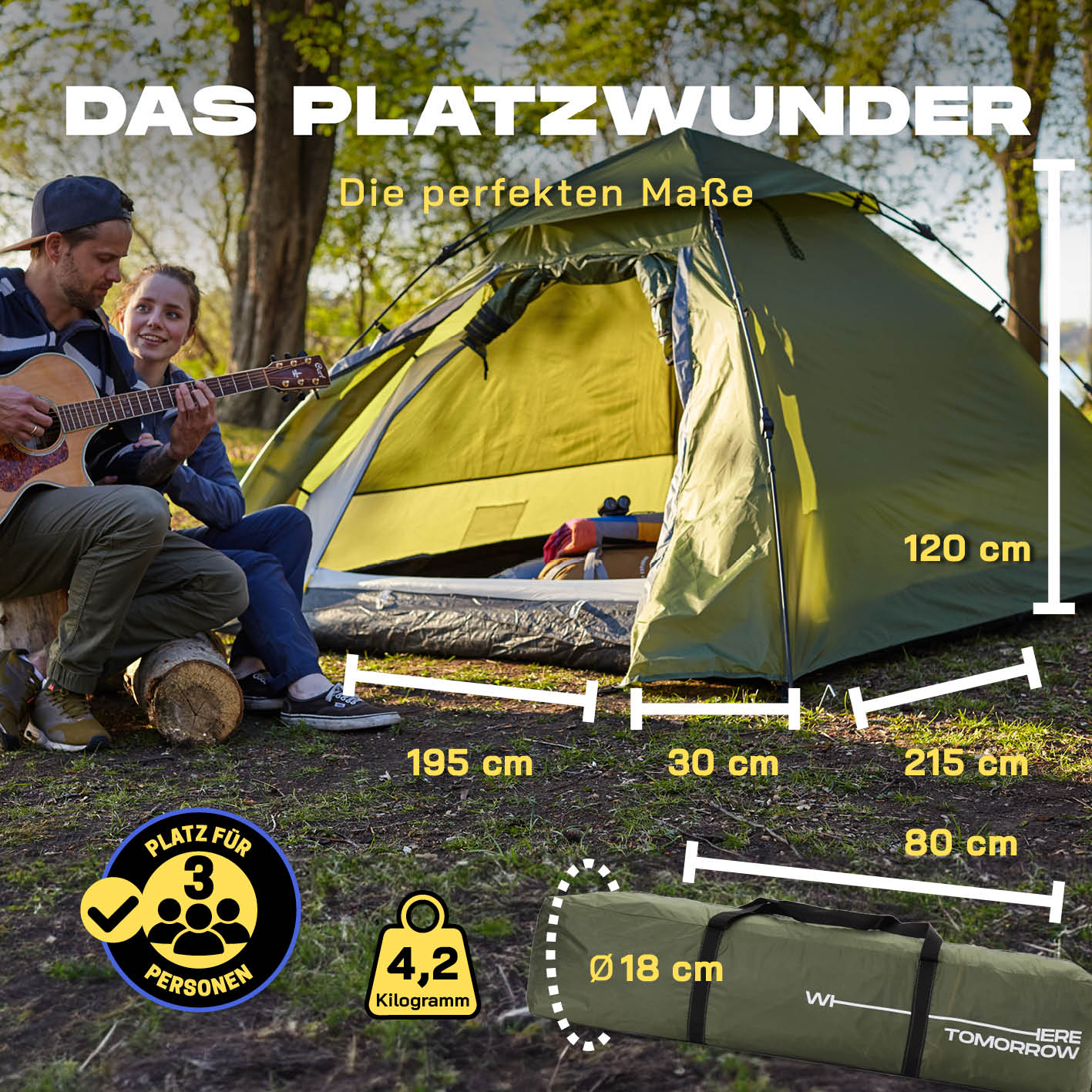 Pop up Kuppelzelt für 3 Personen - Grün, leichtes, wasserdichtes Wurfzelt mit Quick-Up-System und zwei Eingängen, ideal für Outdoor-Abenteuer.