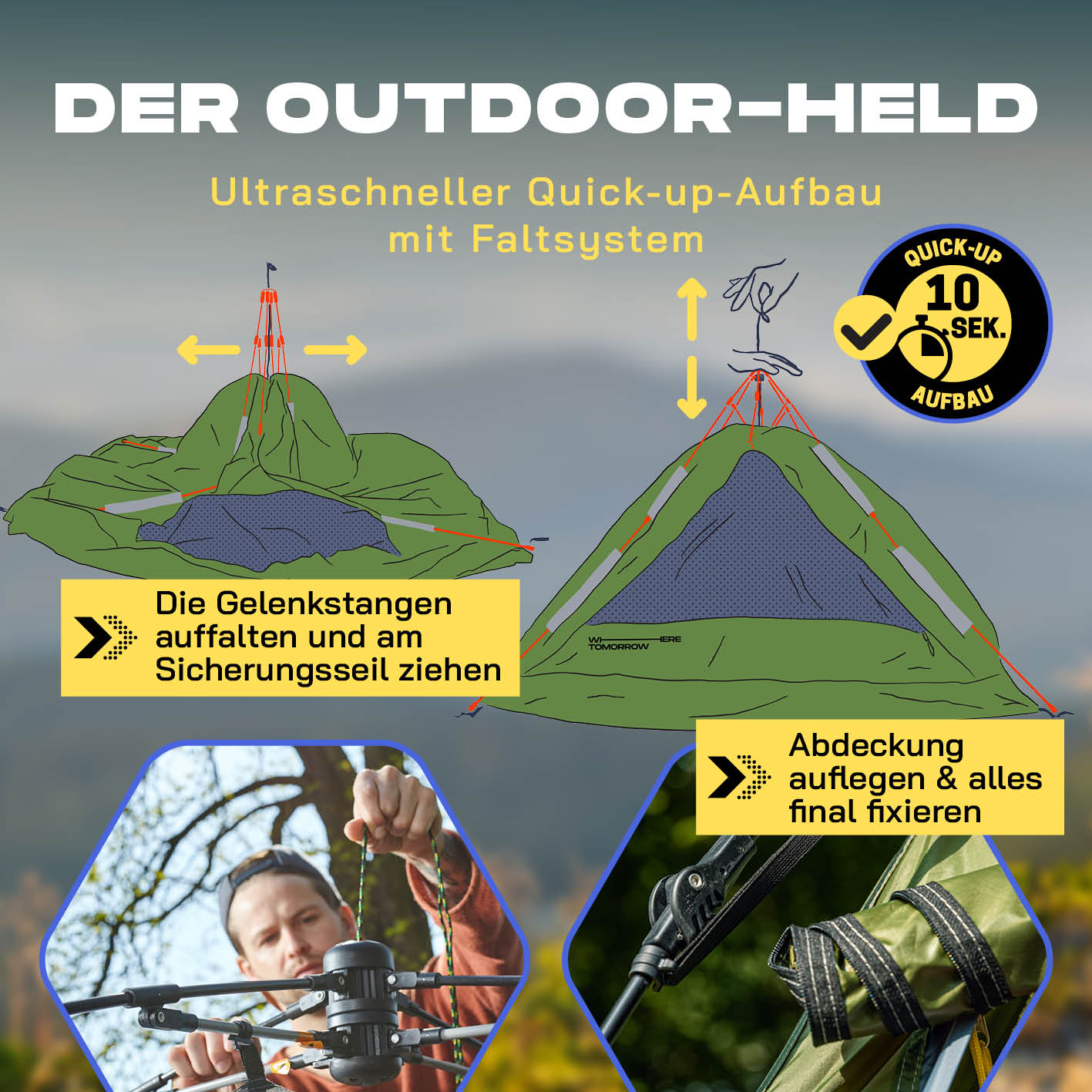 Pop up Kuppelzelt für 3 Personen - Grün mit ultraschnellem Quick-up-Aufbau in 10 Sekunden, wasserfest und ideal für Outdoor-Abenteuer.