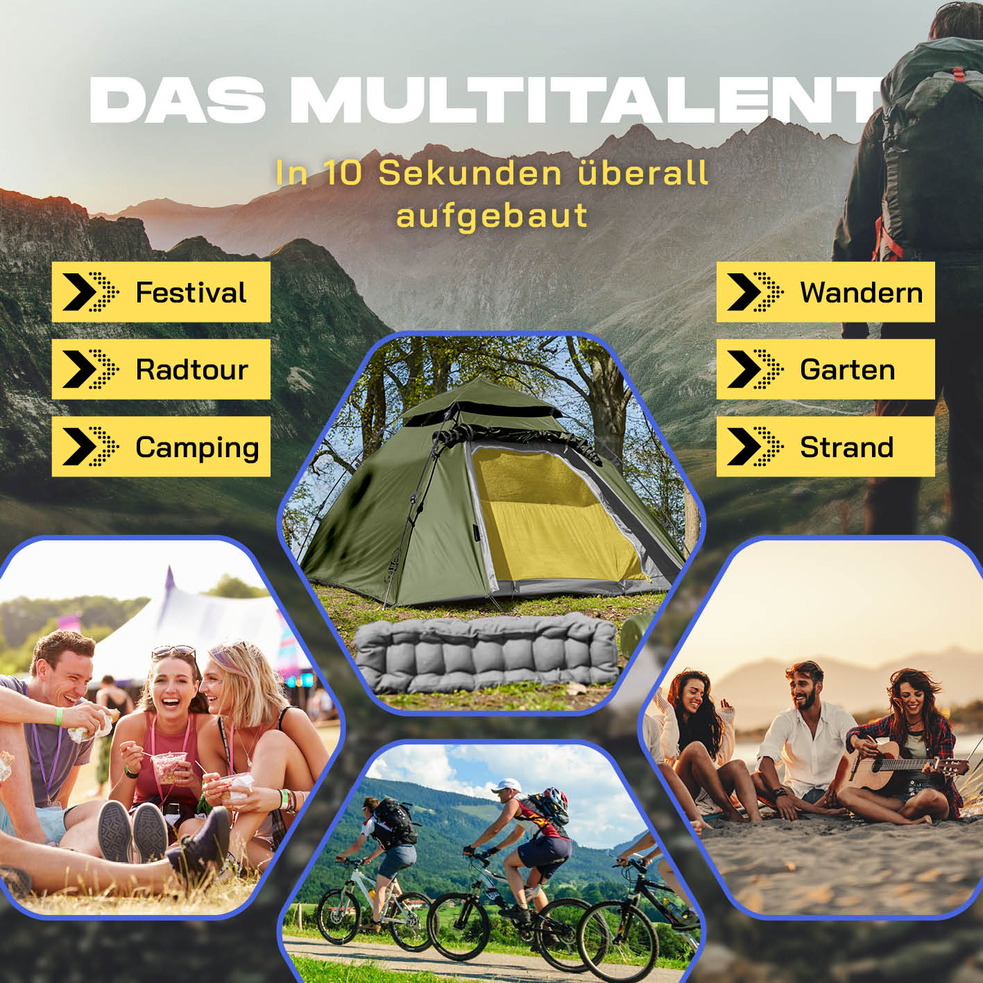 Pop up Kuppelzelt für 3 Personen - Grün, leicht, schnell aufzubauen, ideal für Festival, Camping, Radtour, Wandern, Strand und Garten.