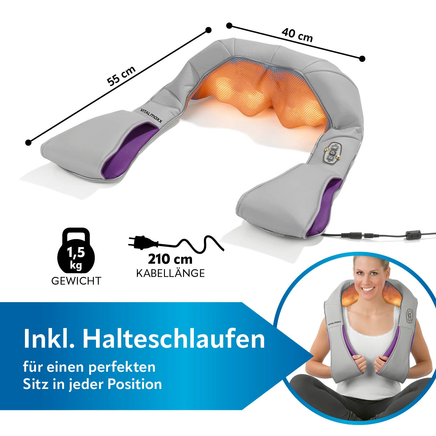 Shiatsu-Massagegerät - 4 Massagebälle mit Wärmefunktion, Halteschlaufen, 210 cm Kabel, ideal für Nacken- und Schulterentspannung.