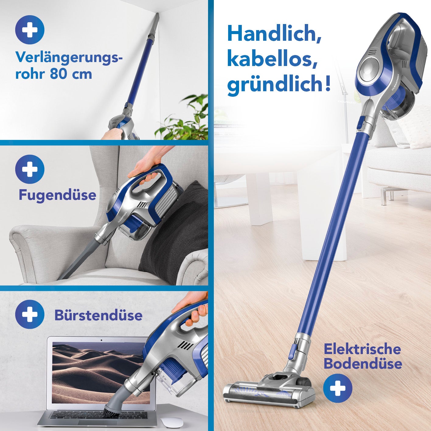 Akku-Zyklonstaubsauger - blau/silber mit Verlängerungsrohr, Fugendüse, Bürstendüse und elektrischer Bodendüse, kabellos und handlich.