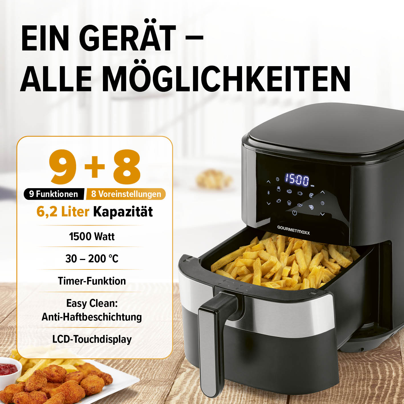GOURMETmaxx Heißluftfritteuse - 6,2 l mit 9 Funktionen, 8 Programmen, 1500 W, LCD-Touchdisplay und 200 °C Temperaturbereich.