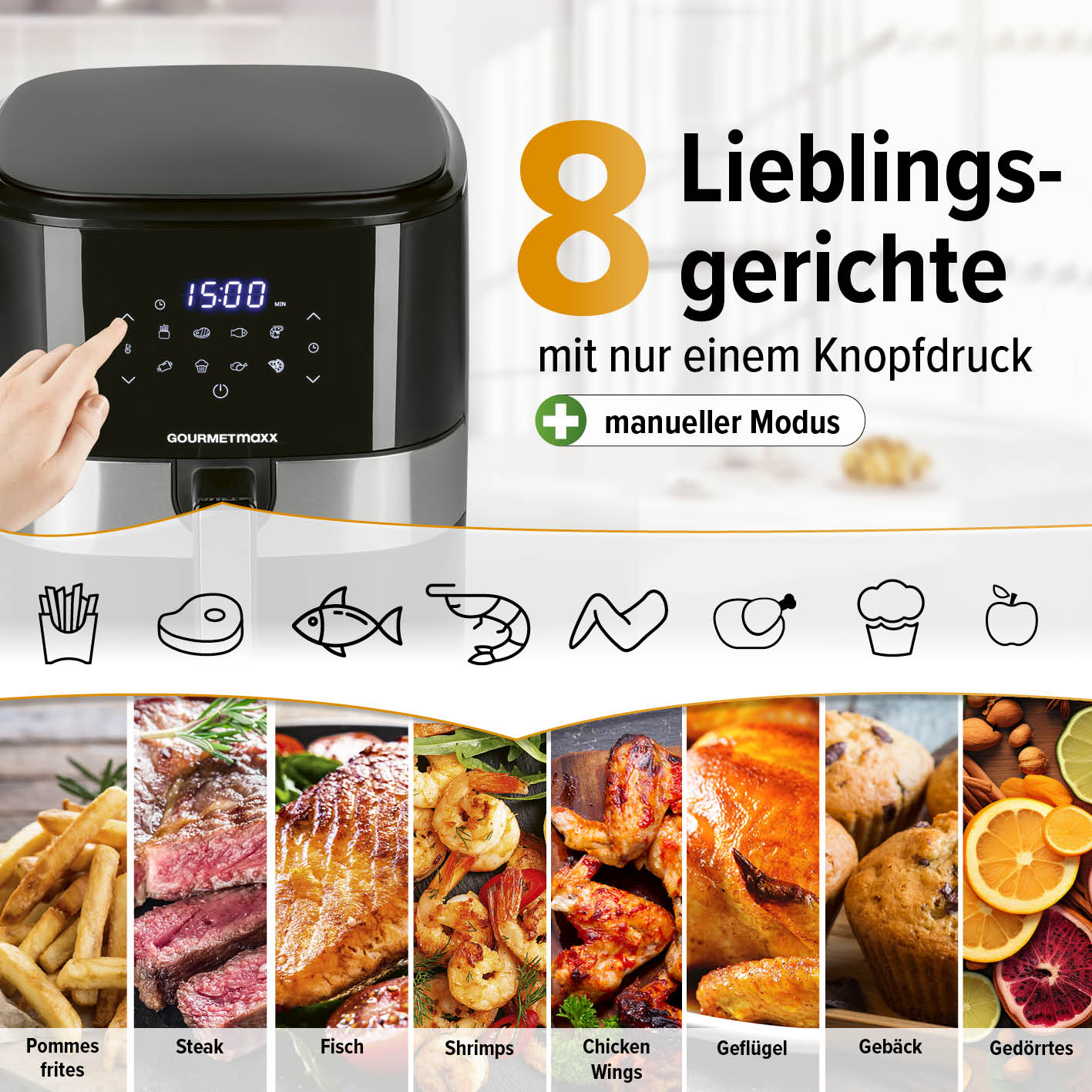 GOURMETmaxx Heißluftfritteuse - 6,2 l mit 8 Programmen für Pommes, Steak, Fisch, Shrimps, Chicken Wings, Geflügel, Gebäck und Gedörtes.