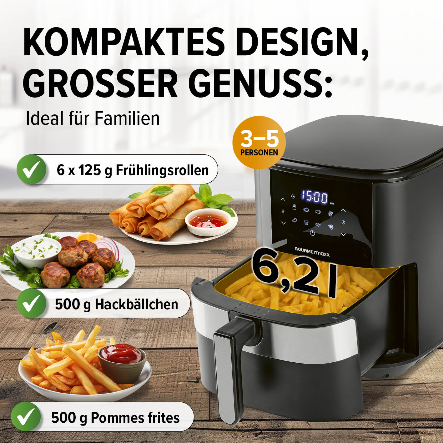 GOURMETmaxx Heißluftfritteuse - 6,2 l mit Touchdisplay und 9 Funktionen für fettarmes, schnelles Frittieren und gesundes Kochen.