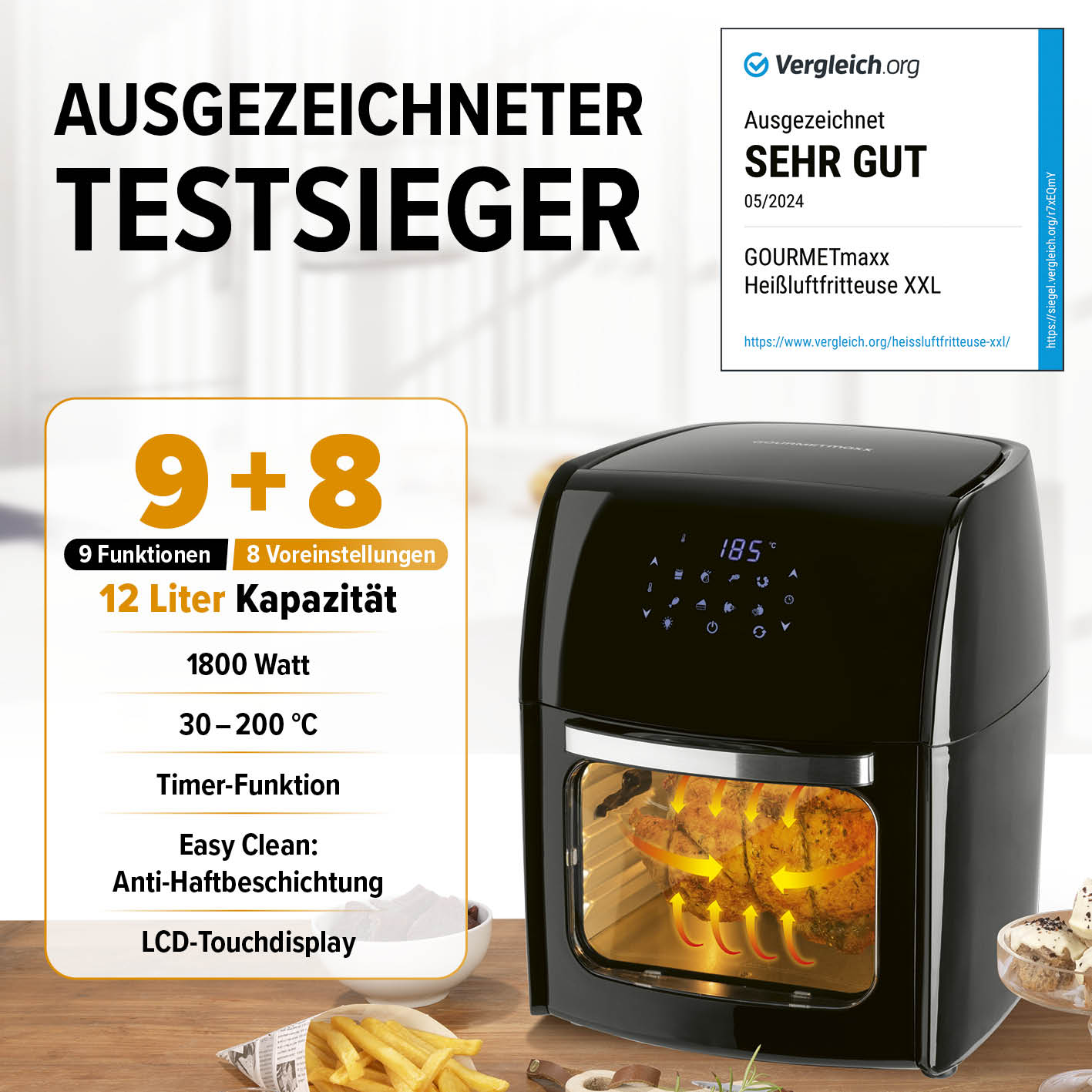 Digitale Heißluftfritteuse - 12 l mit 9 Funktionen, 1800 W, 12 Liter, LCD-Touchdisplay, Timer und Anti-Haftbeschichtung.