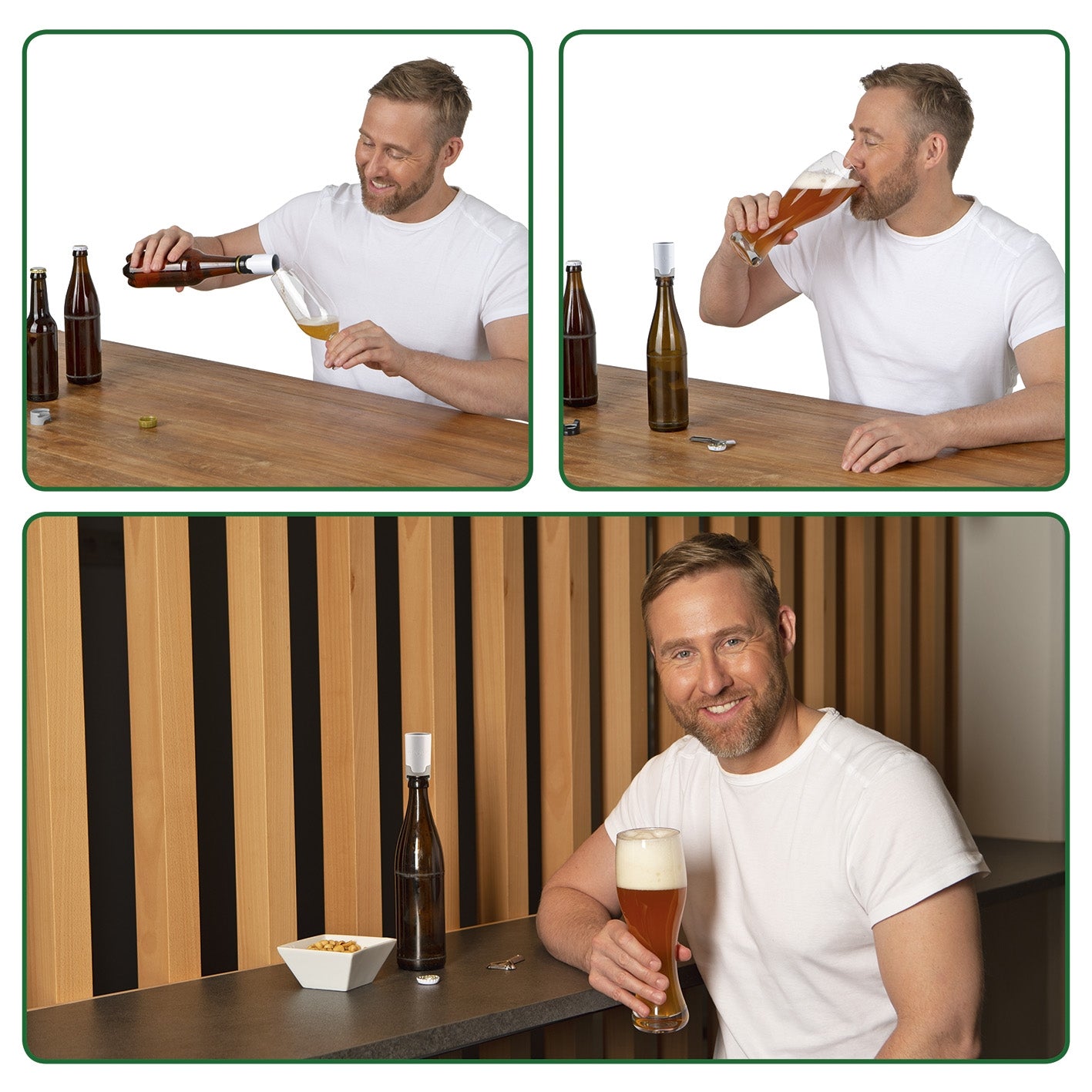 Bier-Aufbereiter in Galerieposition 3 zeigt Mann, der Bier mit mildem Geschmack aus Flasche nach dem Einschenken genießt.