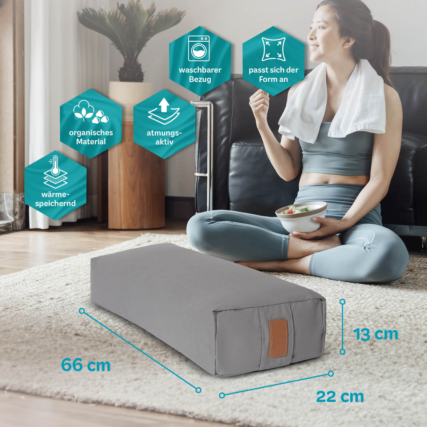 Yoga-Bolster Paravati - gefüllt mit Bio-Dinkelspelz, 67 x 22 x 13 cm, Zementgrau, waschbarer Bezug, atmungsaktiv, organisch.