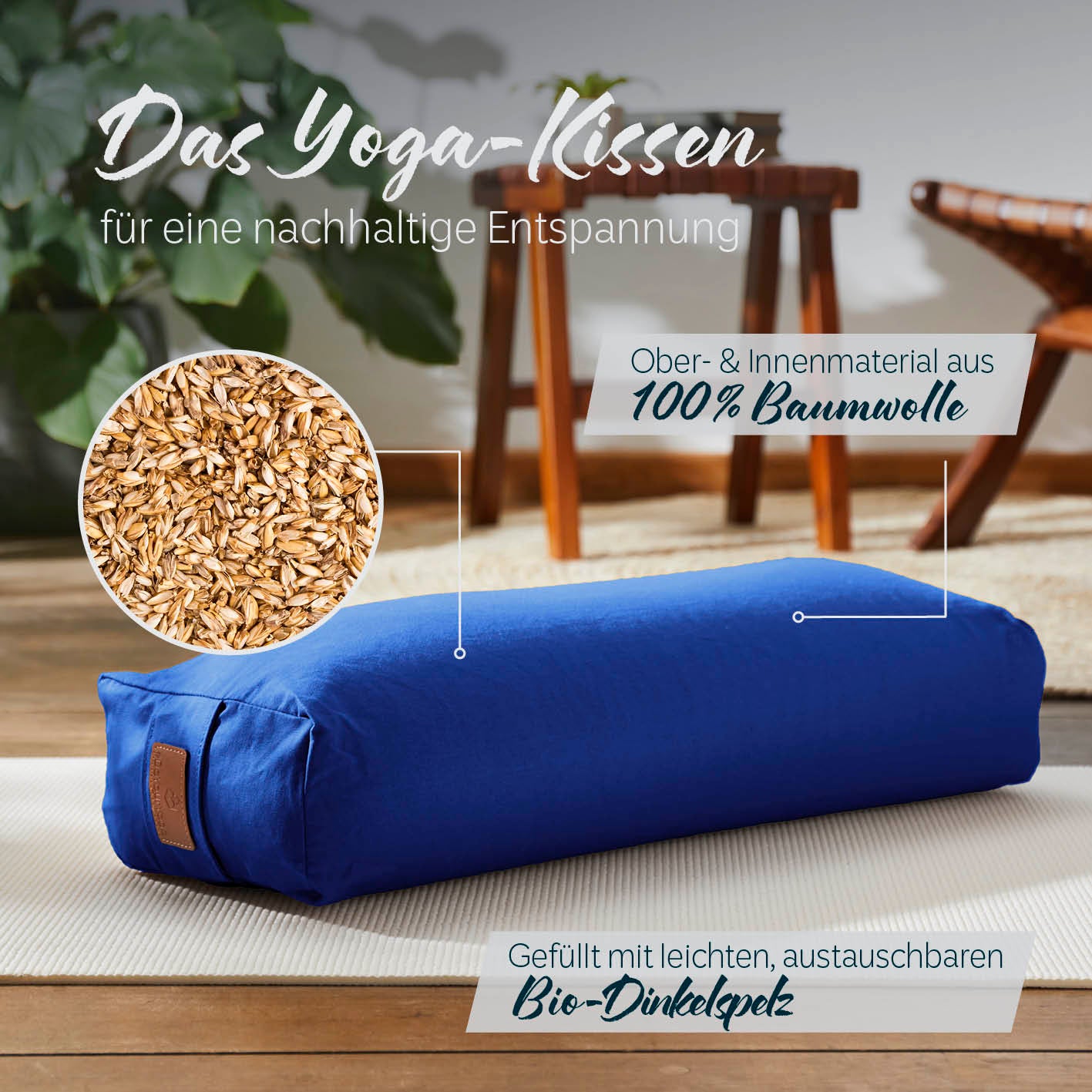 Yoga-Bolster Paravati navyblau, gefüllt mit Bio-Dinkelspelz, 100% Baumwolle Bezug, 67x22x13 cm für nachhaltige Entspannung.