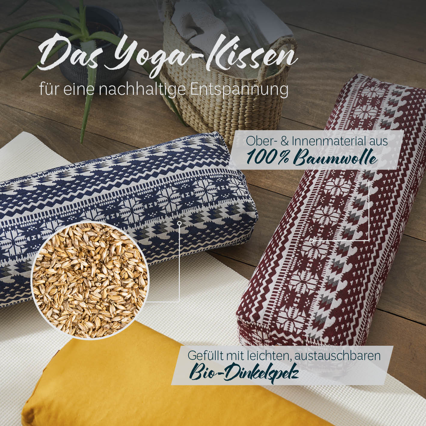 Yoga-Bolster Paravati - gefüllt mit Bio-Dinkelspelz, Baumwollbezug, 67 x 22 x 13 cm, Style 7 Schwarz-Weiß.