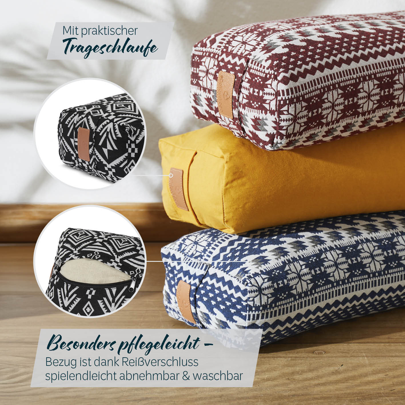 Yoga-Bolster Paravati - gefüllt mit Bio-Dinkelspelz, 67x22x13 cm, Style 7 (Schwarz-Weiß), pflegeleichter abnehmbarer Bezug mit Reißverschluss.