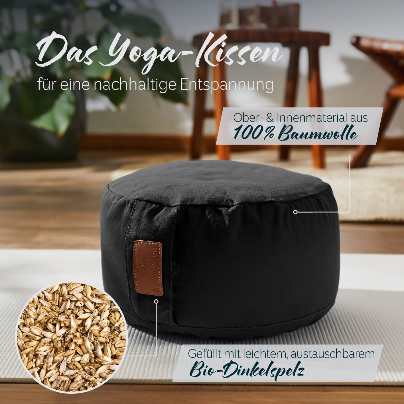 Yoga-Kissen Vishnu, rund 30x30x15 cm, schwarz, gefüllt mit leichtem, austauschbarem Bio-Dinkelspelz, 100% Baumwolle Bezug.