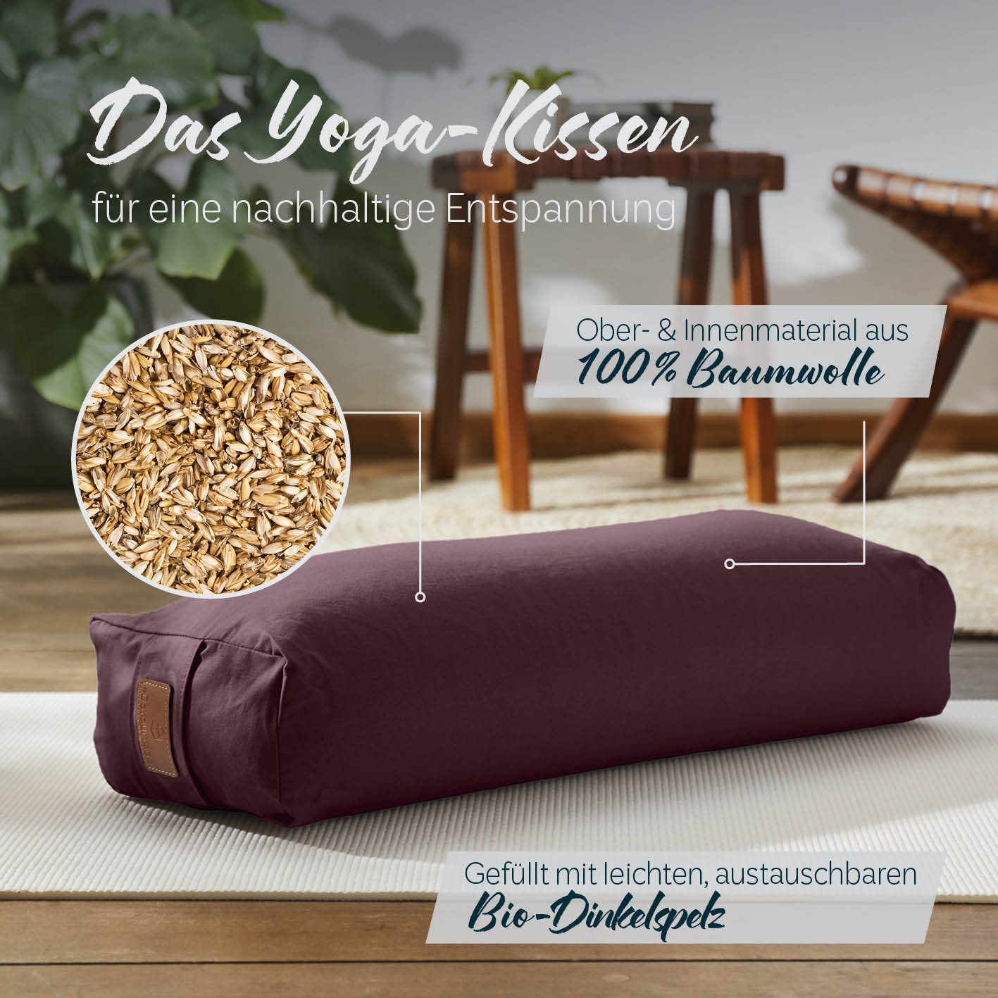 Yoga-Bolster Paravati - gefüllt mit Bio-Dinkelspelz, 67 x 22 x 13 cm, Bordeaux, nachhaltig, mit 100% Baumwollbezug.