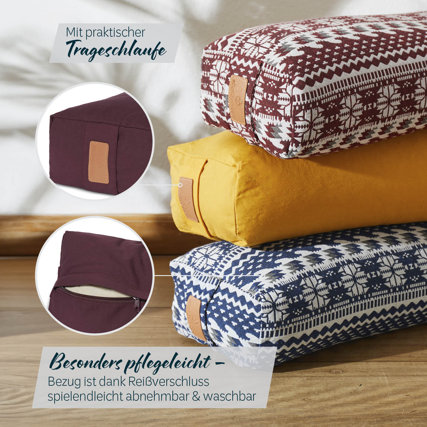 Yoga-Bolster Paravati - gefüllt mit Bio-Dinkelspelz, 67x22x13 cm, Bordeaux, mit praktischem Tragegriff und abnehmbarem Bezug.