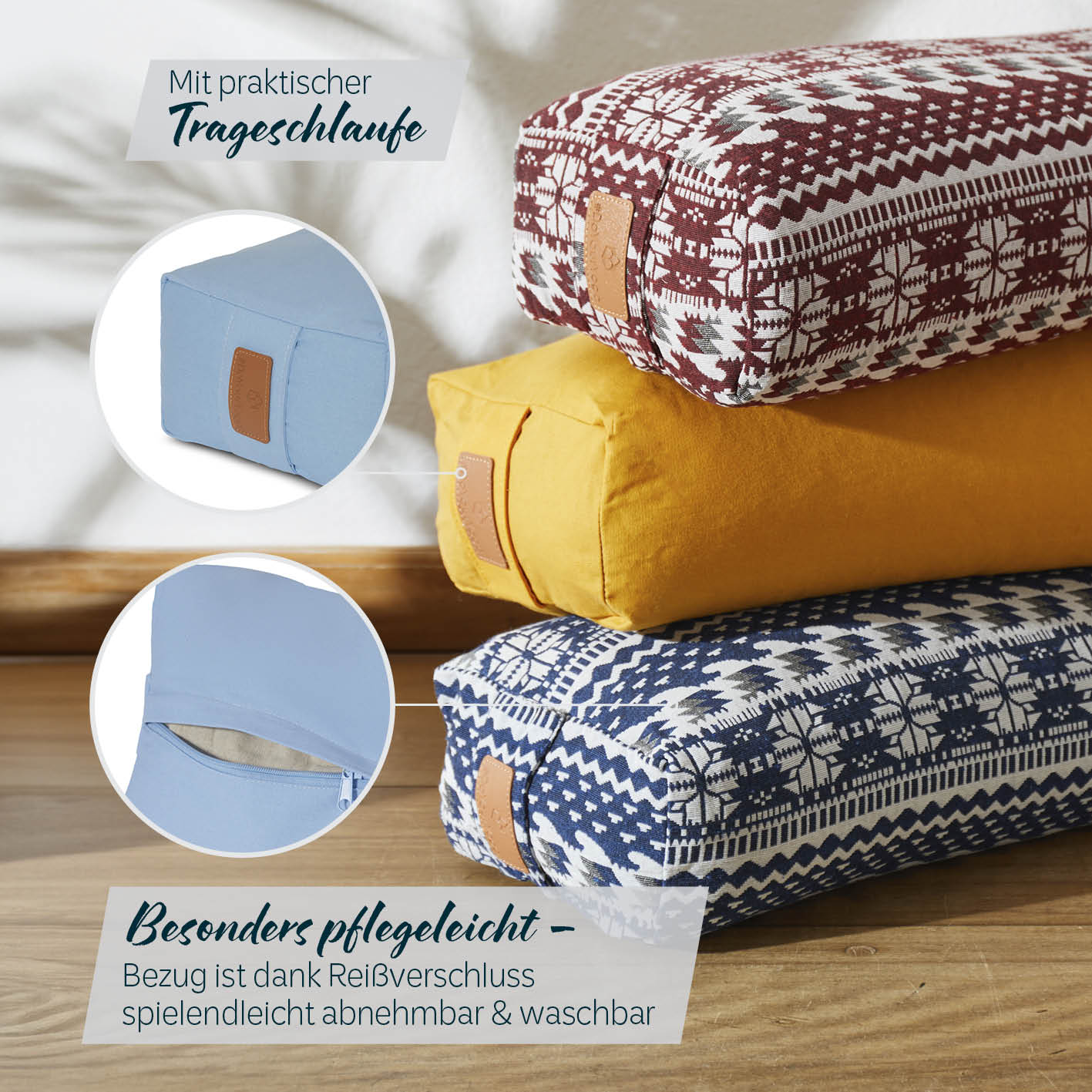 Yoga-Bolster Paravati - gefüllt mit Bio-Dinkelspelz, 67 x 22 x 13 cm, hellblau, pflegeleichter waschbarer Bezug mit Reißverschluss.