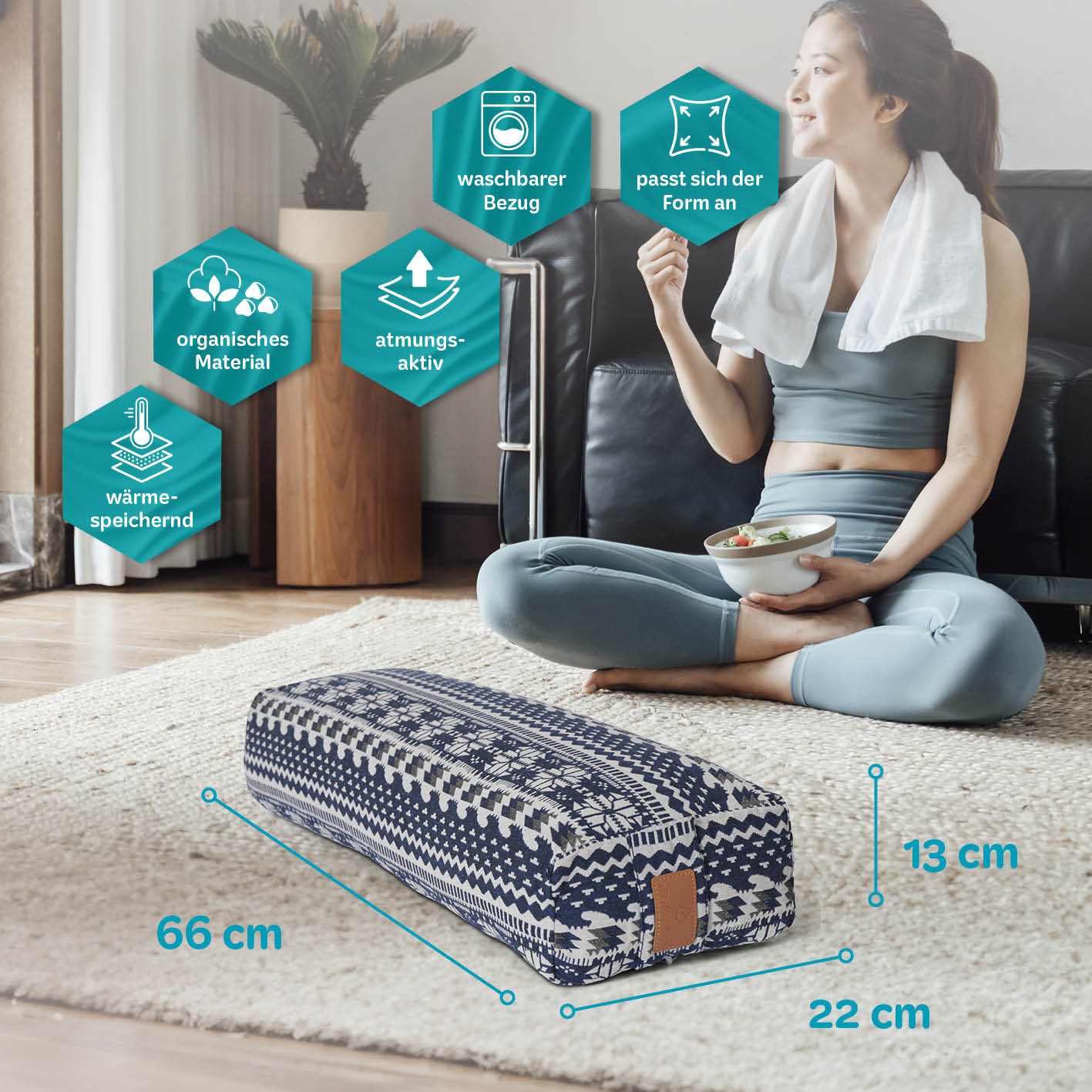 Yoga-Bolster Paravati - gefüllt mit Bio-Dinkelspelz, 67 x 22 x 13 cm, waschbarer Bezug, atmungsaktiv, wärmespeichernd, organisch, passt sich Form an.