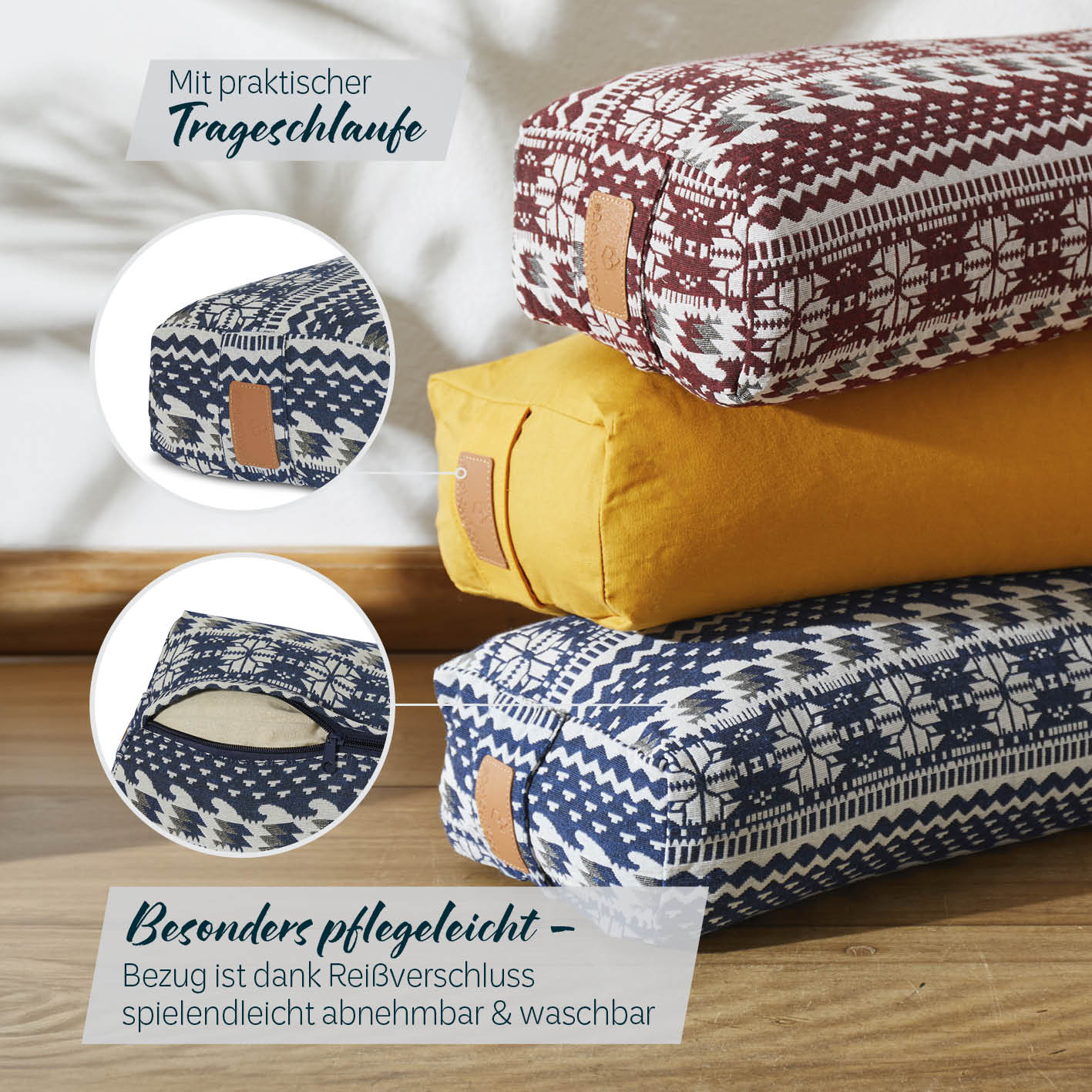 Yoga-Bolster Paravati - gefüllt mit Bio-Dinkelspelz, 67 x 22 x 13 cm, Style 1 Blau-Weiß, waschbarer Bezug mit praktischem Tragegriff.