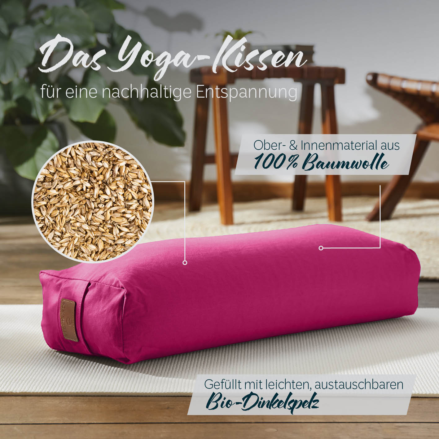 Yoga-Bolster Paravati - gefüllt mit Bio-Dinkelspelz, Bezug aus 100% Baumwolle, pink, 67 x 22 x 13 cm, waschbar und anpassbar.