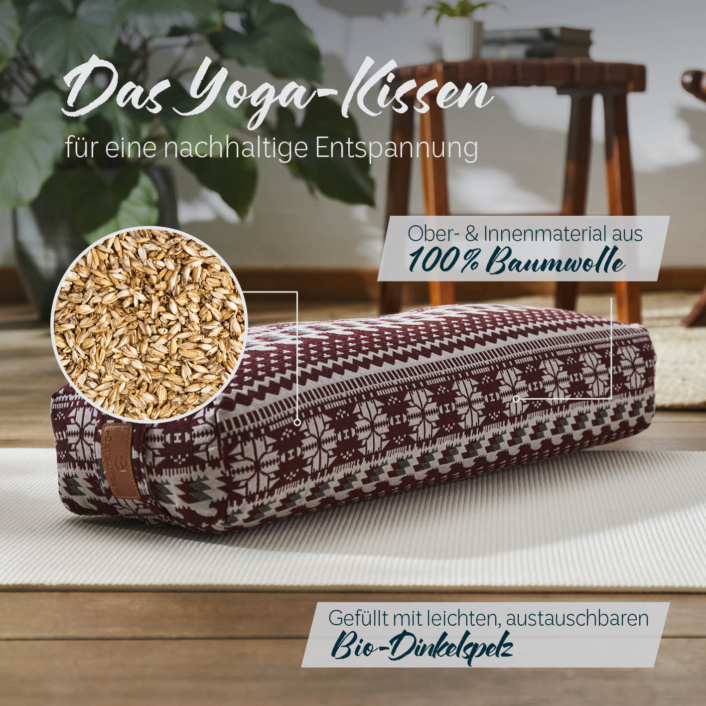 Yoga-Bolster Paravati - gefüllt mit Bio-Dinkelspelz, 67 x 22 x 13 cm, Style 9 (Rot-Weiß), 100% Baumwollbezug