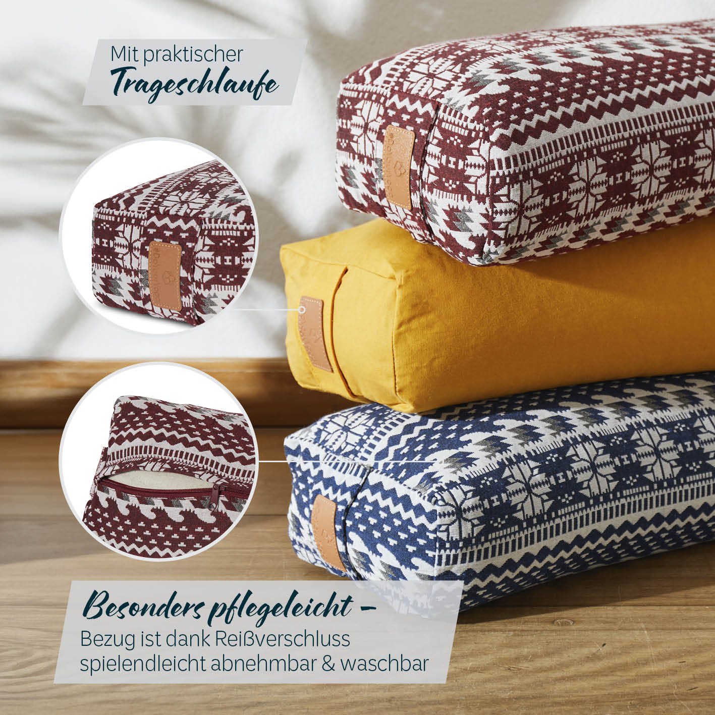 Yoga-Bolster Paravati - gefüllt mit Bio-Dinkelspelz, 67 x 22 x 13 cm, Style 9 (Rot-Weiß), pflegeleichter Bezug mit Reißverschluss.